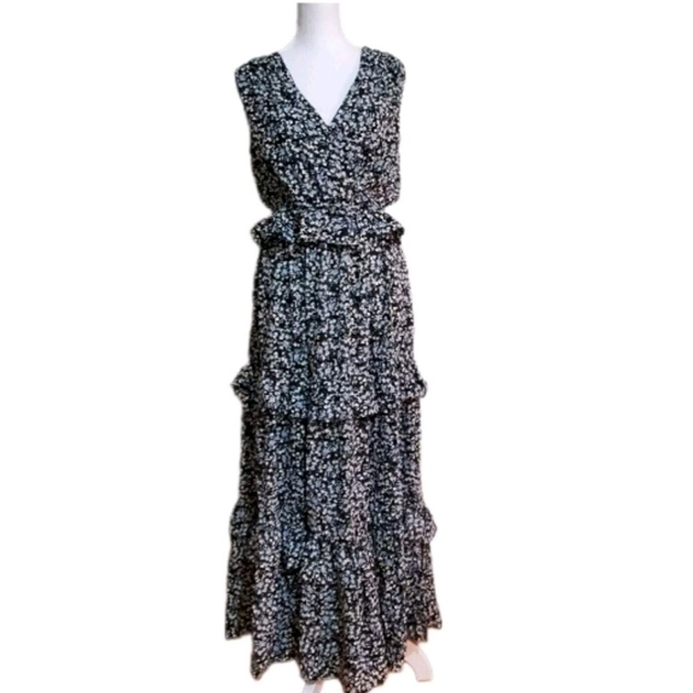 Lulus black blue floral Chiffon tiered ruffle Backless maxi prairie dress S NWT